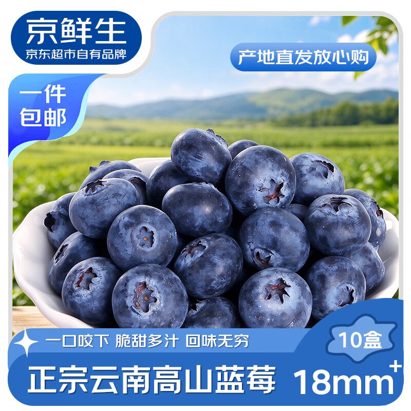 自营京鲜生 云南高原蓝莓拍下99元得【100g*10盒】才折9.9/盒；大果18mm+